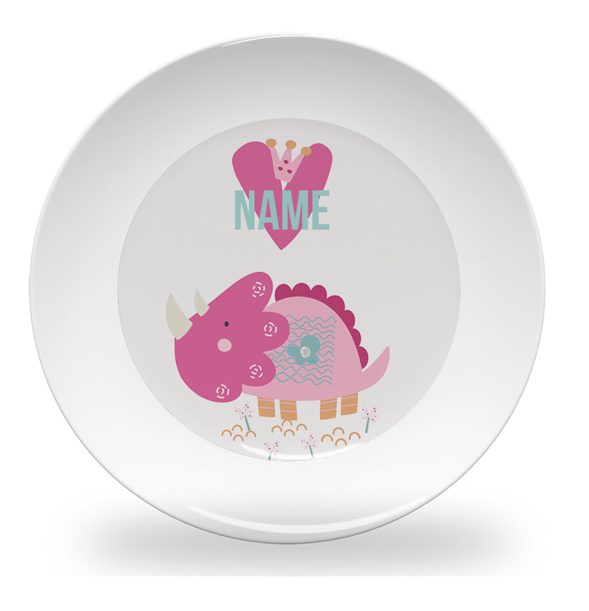 Personalized kids plate – pink dinosaur heart design for girls | myartworkplate.com