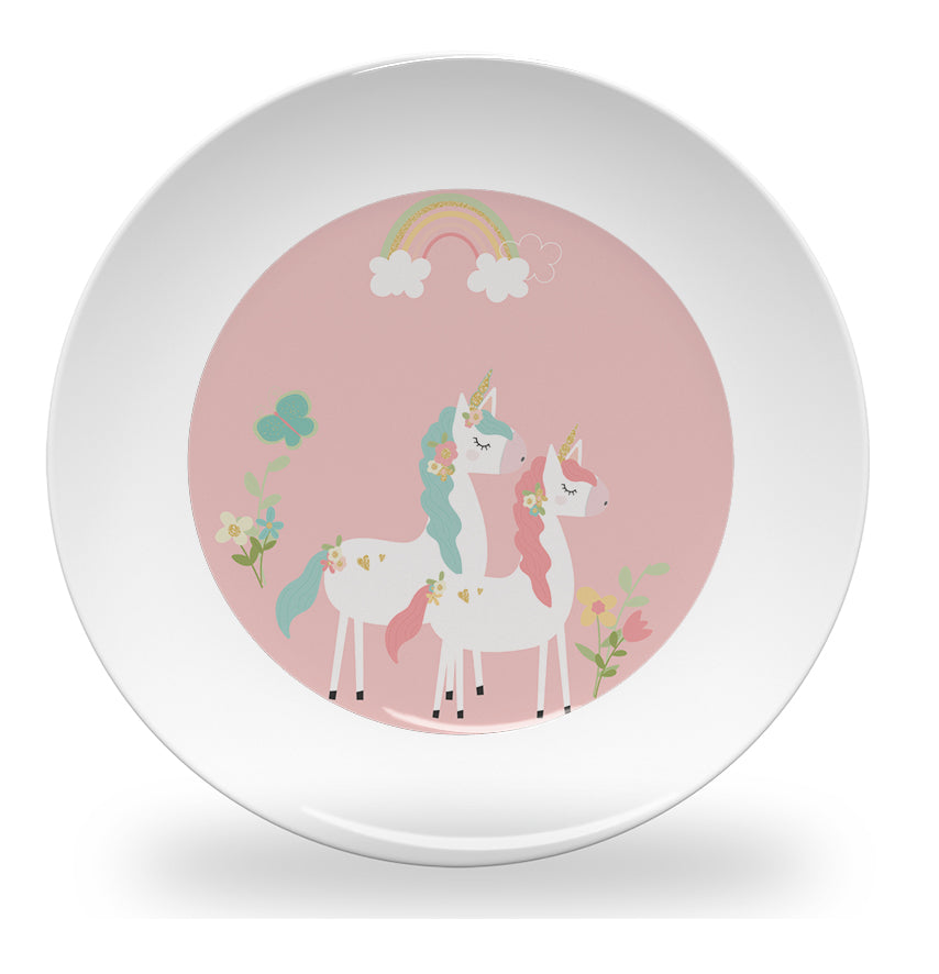 Personalized kids plate – pink horses design for girls | myartworkplate.com – detail close-up