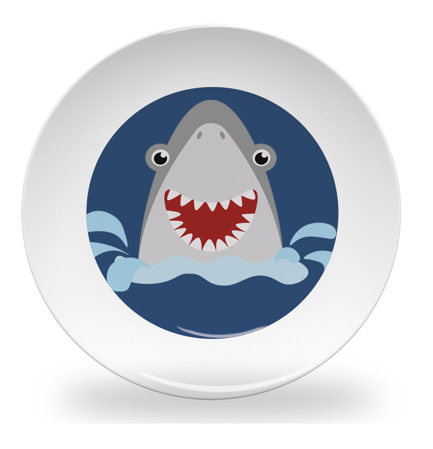 Personalized kids plate – pop up shark fun kids design | myartworkplate.com – front view
