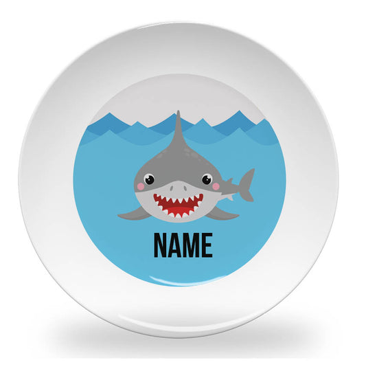 Personalized kids plate – swimming shark fun design | myartworkplate.com
