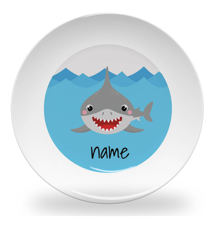 Personalized kids plate – swimming shark fun design | myartworkplate.com – front view
