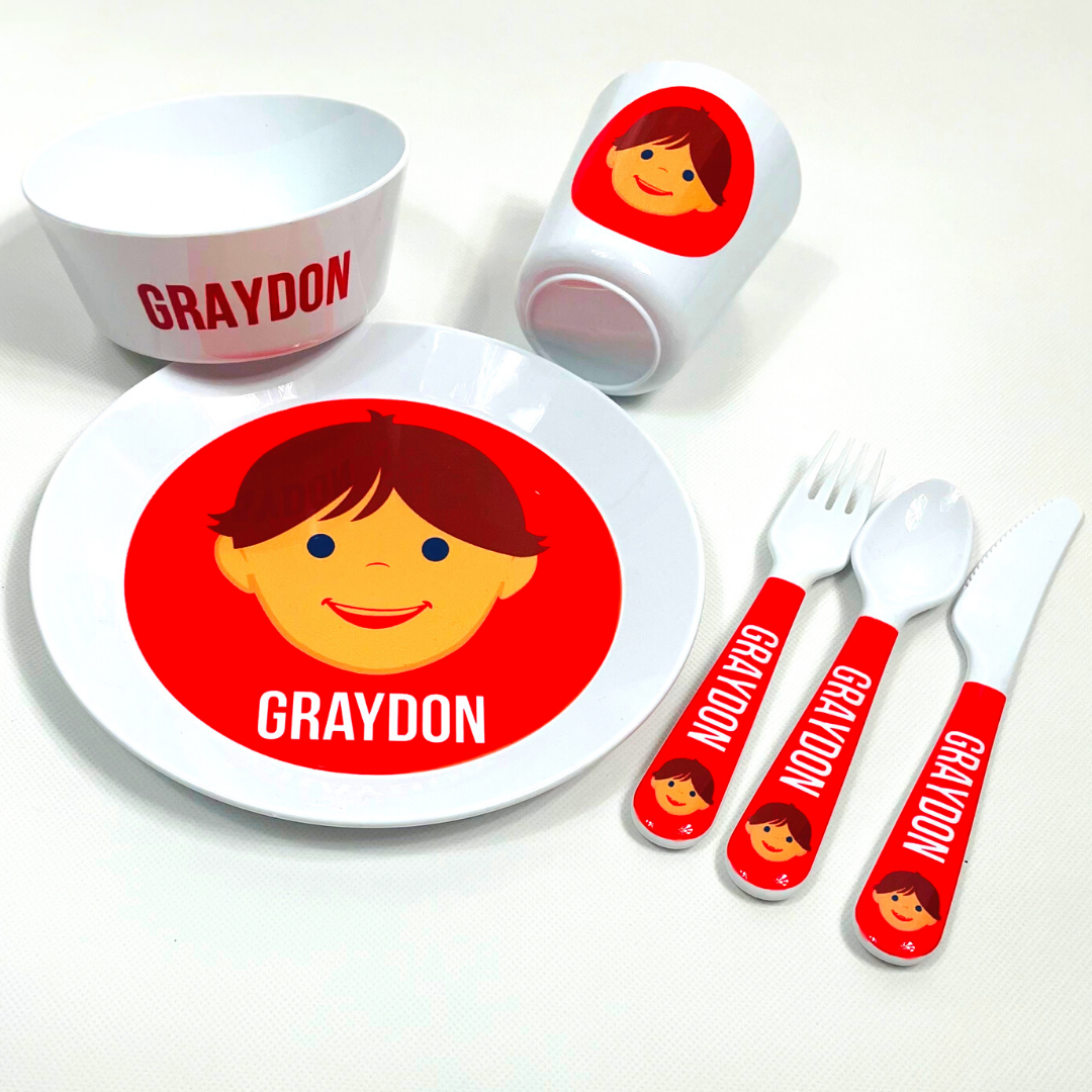 6-piece personalized kids mealtime set – custom kids artwork or drawing upload | myartworkplate.com – front view