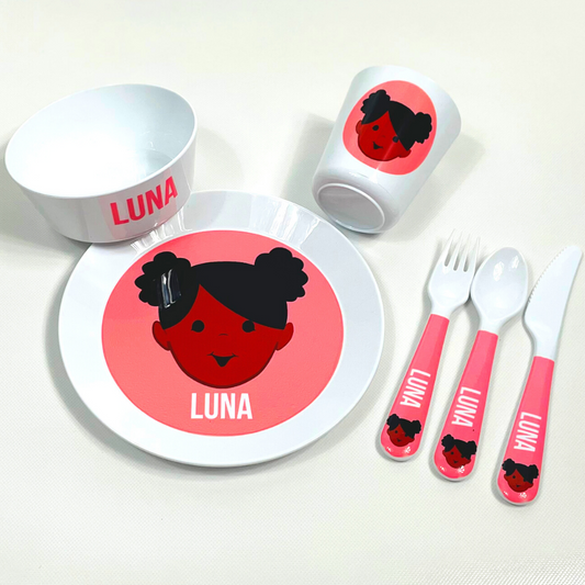6-piece personalized kids mealtime set – personalised girl face with custom name | myartworkplate.com