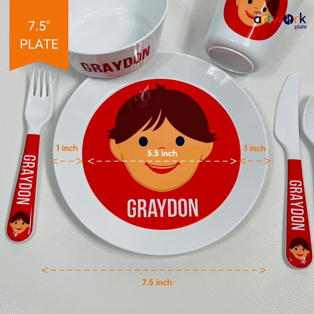 6-piece personalized kids mealtime set – custom personalised design | myartworkplate.com – front view