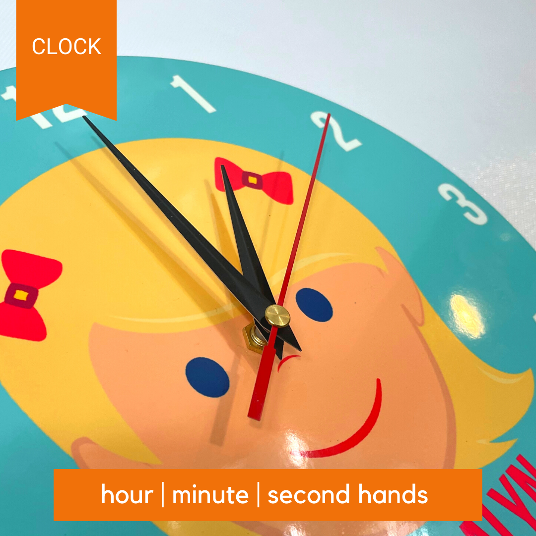 Personalized kids wall clock – personalised girl face with custom name | myartworkplate.com – side angle