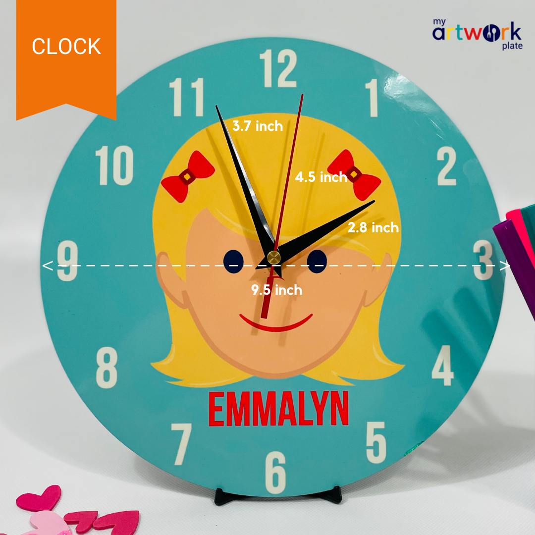 Personalized kids wall clock – personalised girl face with custom name | myartworkplate.com – size guide