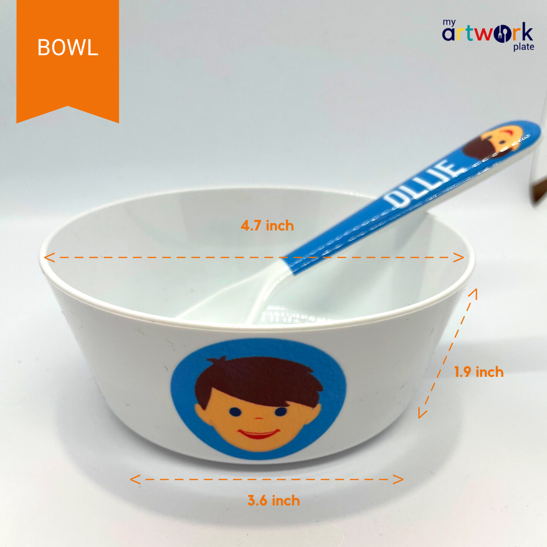 6-piece personalized kids mealtime set – personalised boy face with custom name | myartworkplate.com – detail close-up