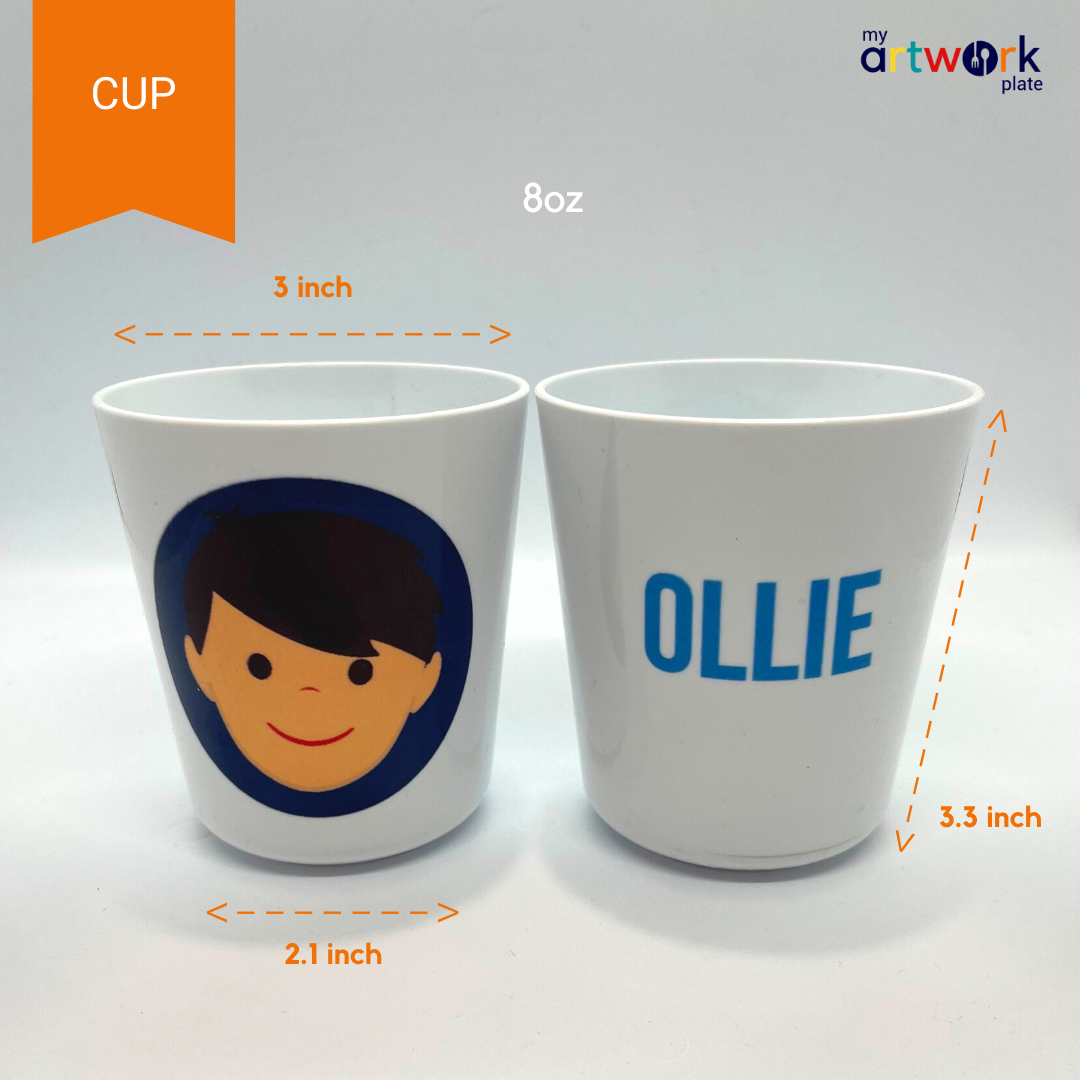 6-piece personalized kids mealtime set – personalised boy face with custom name | myartworkplate.com – side angle