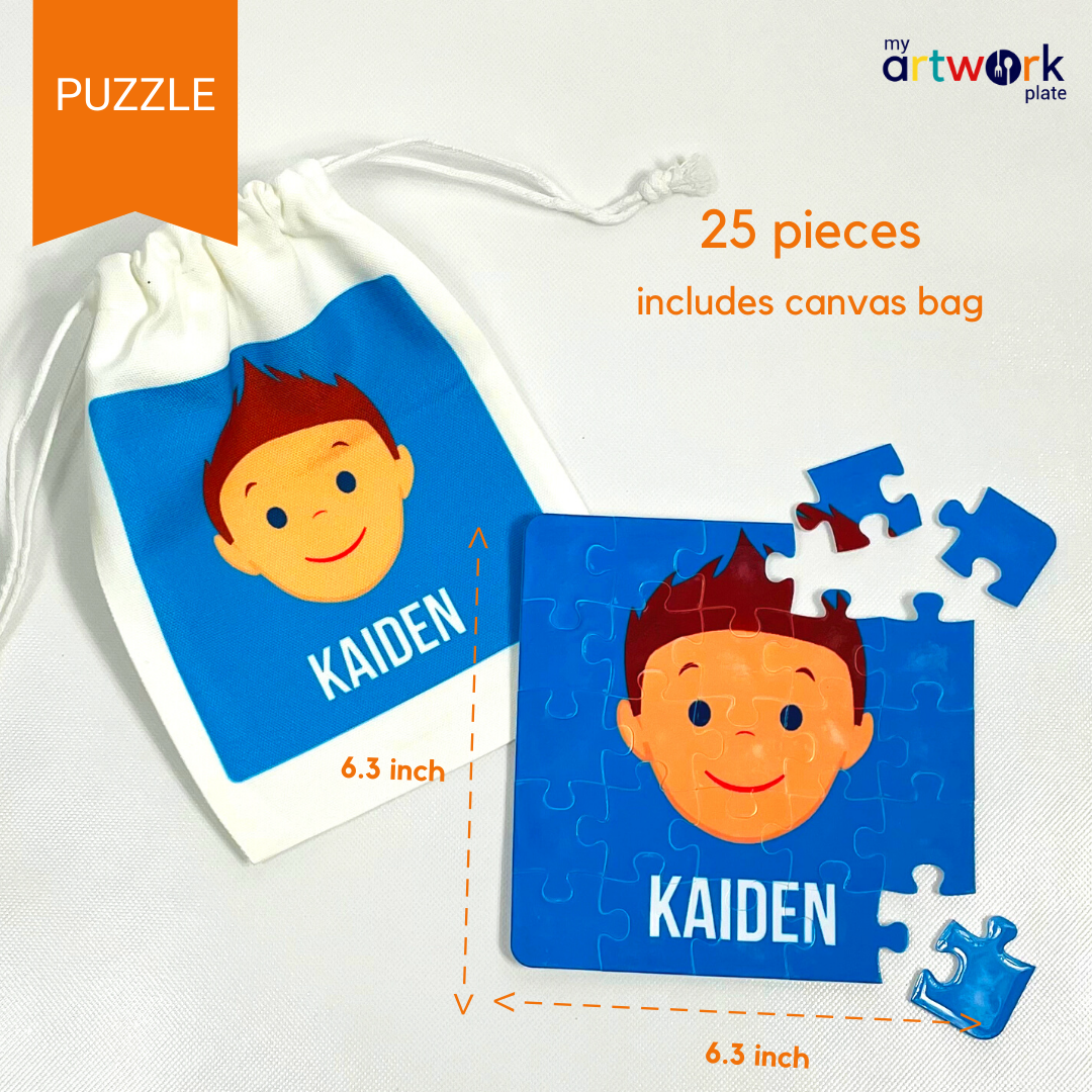 Personalized 25-piece kids jigsaw puzzle – personalised boy face with custom name | myartworkplate.com – front view