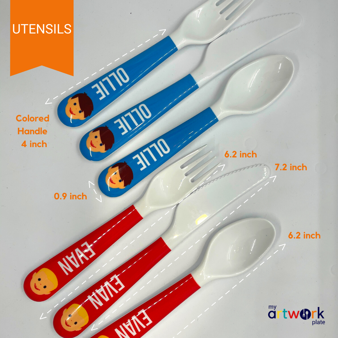 6-piece personalized kids mealtime set – custom kids artwork or drawing upload | myartworkplate.com – size guide