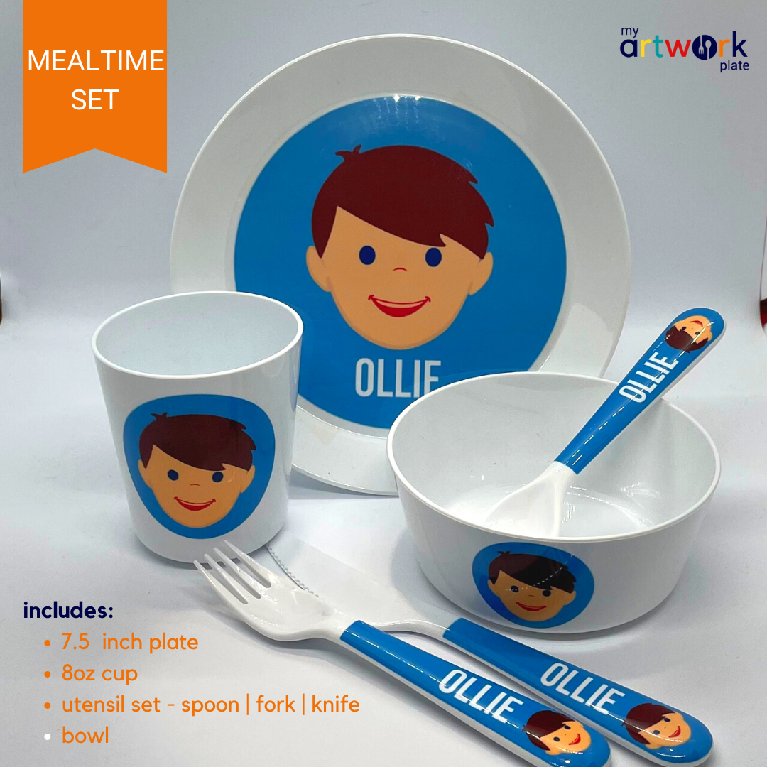 6-piece personalized kids mealtime set – personalised girl face with custom name | myartworkplate.com – size guide
