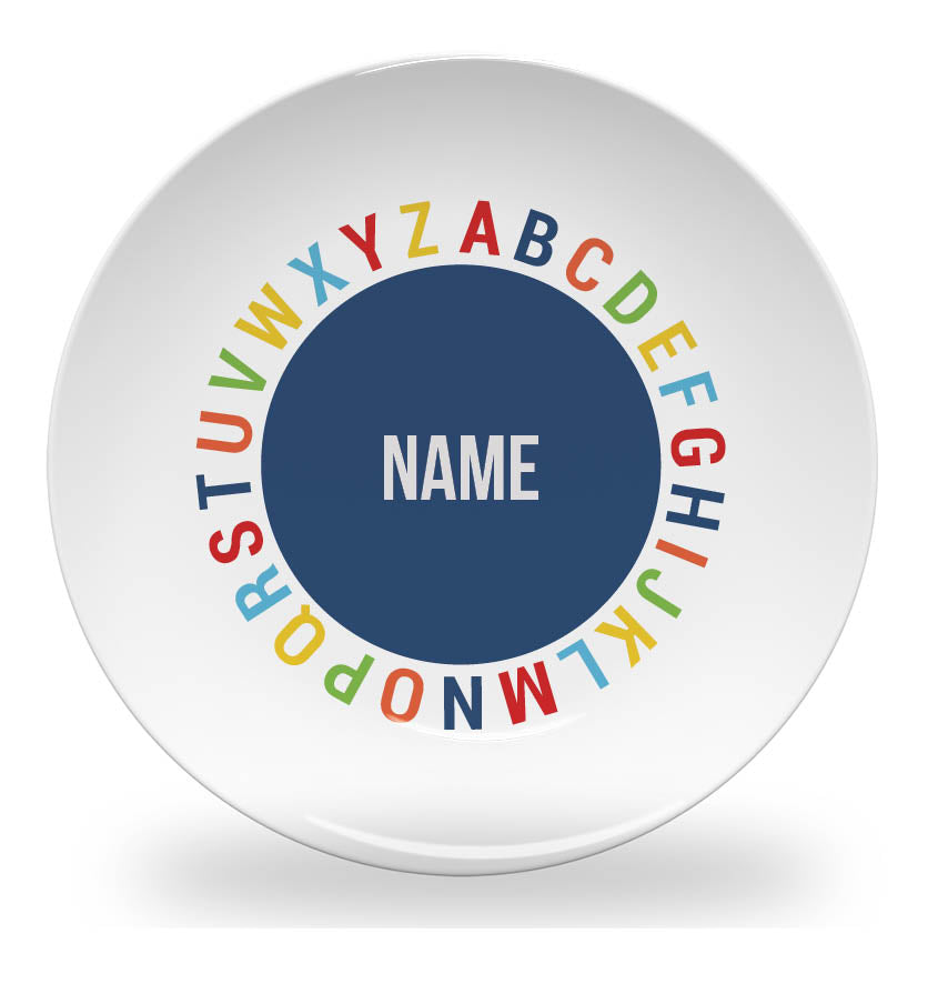 Personalized kids plate – alphabet circle learning design | myartworkplate.com – front view