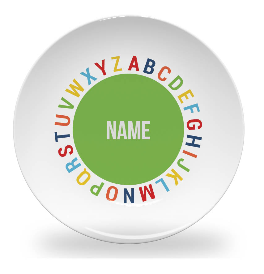 Personalized kids plate – alphabet circle learning design | myartworkplate.com – detail close-up
