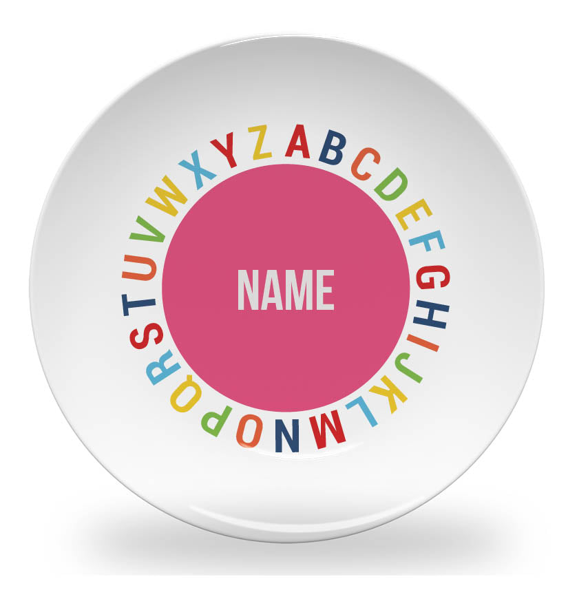 Personalized kids plate – alphabet circle learning design | myartworkplate.com – side angle