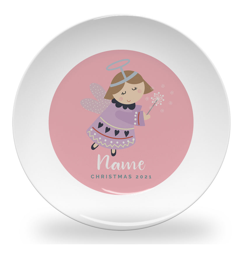 Personalized kids plate – Christmas angel pink design | myartworkplate.com
