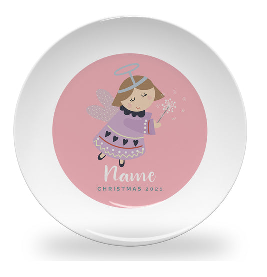 Personalized kids plate – Christmas angel pink design | myartworkplate.com