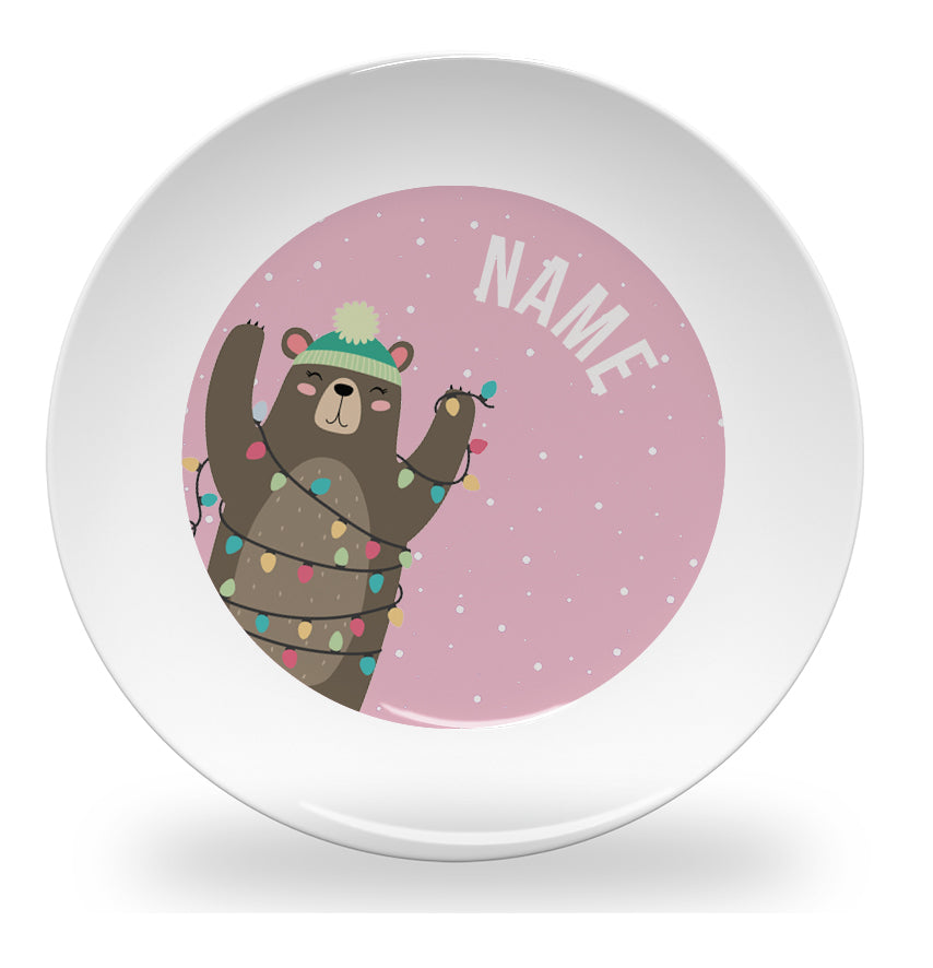 Personalized kids plate – brown bear Christmas lights snow pink design | myartworkplate.com