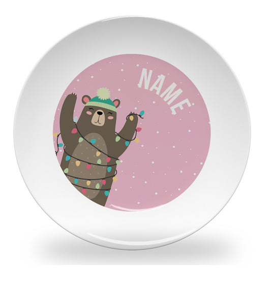 Personalized kids plate – brown bear Christmas lights snow pink design | myartworkplate.com