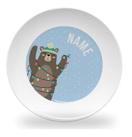 Personalized kids plate – brown bear Christmas lights in snow design | myartworkplate.com