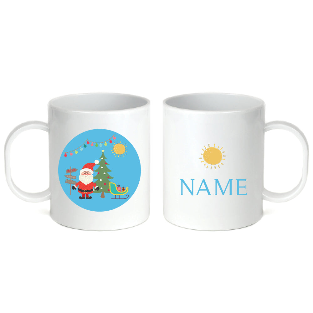 Personalized 11oz kids mug – Santa's sleigh Christmas blue design | myartworkplate.com