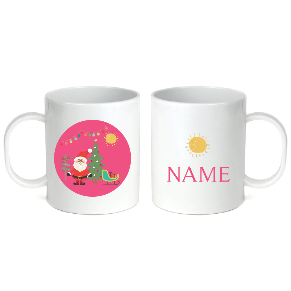Personalized 11oz kids mug – Santa's sleigh Christmas pink design | myartworkplate.com