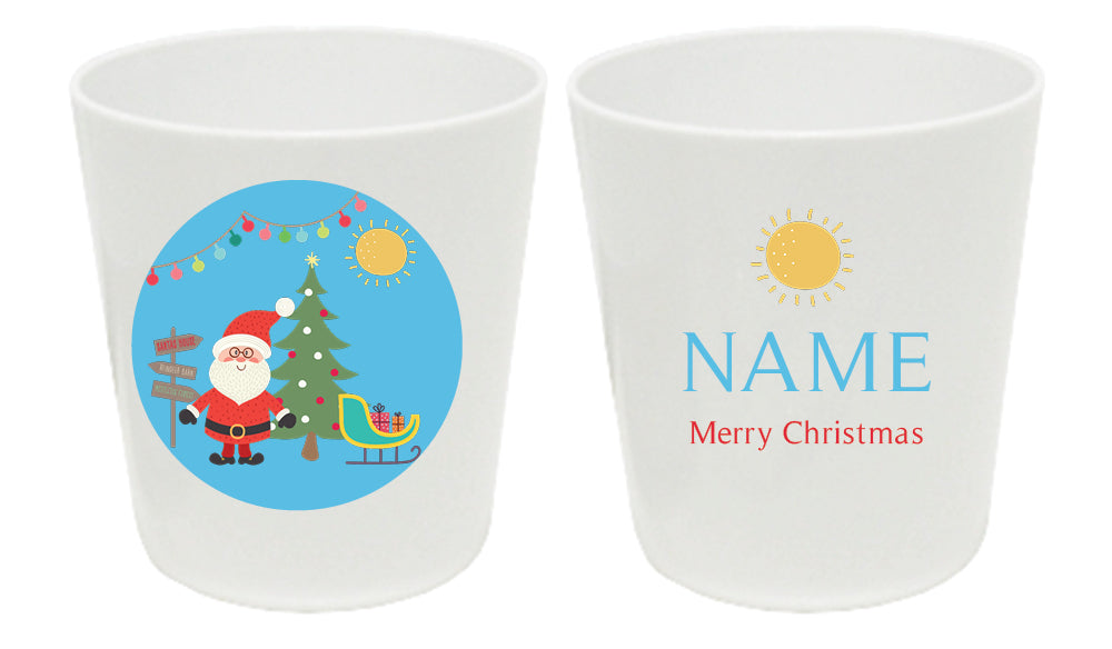Personalized 8oz kids cup – Santa's sleigh Christmas blue design | myartworkplate.com