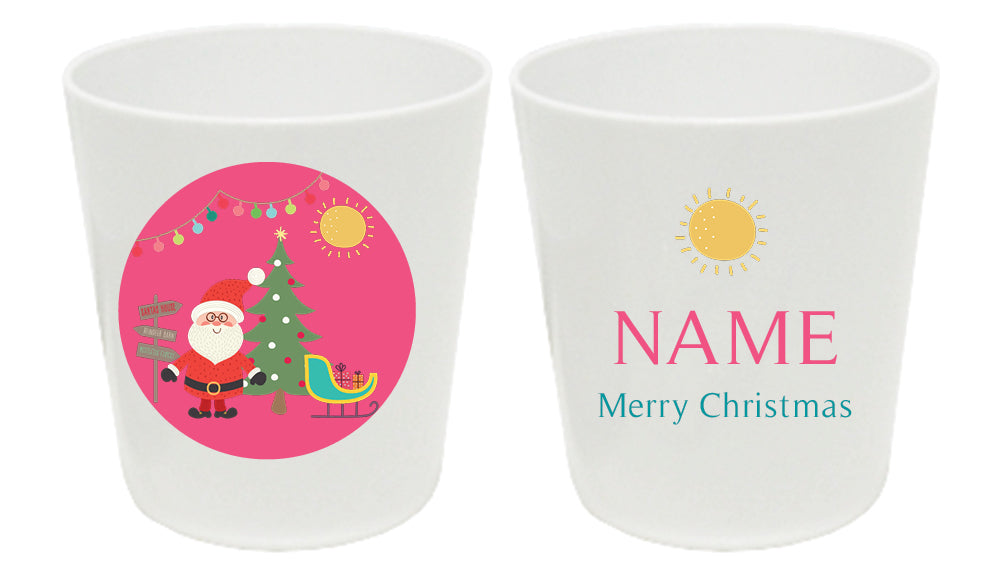 Personalized 8oz kids cup – Santa's sleigh Christmas pink design | myartworkplate.com