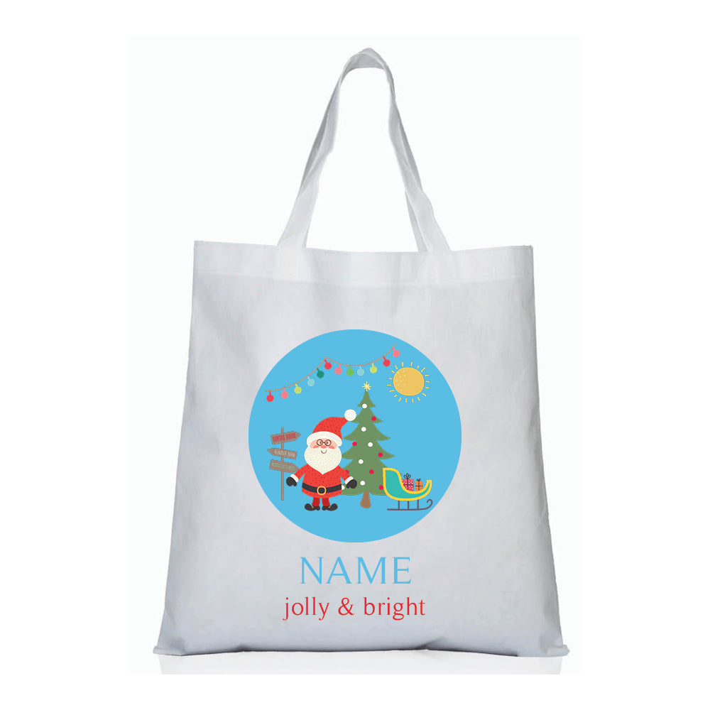 Personalized kids tote bag – Santa's sleigh Christmas blue design | myartworkplate.com