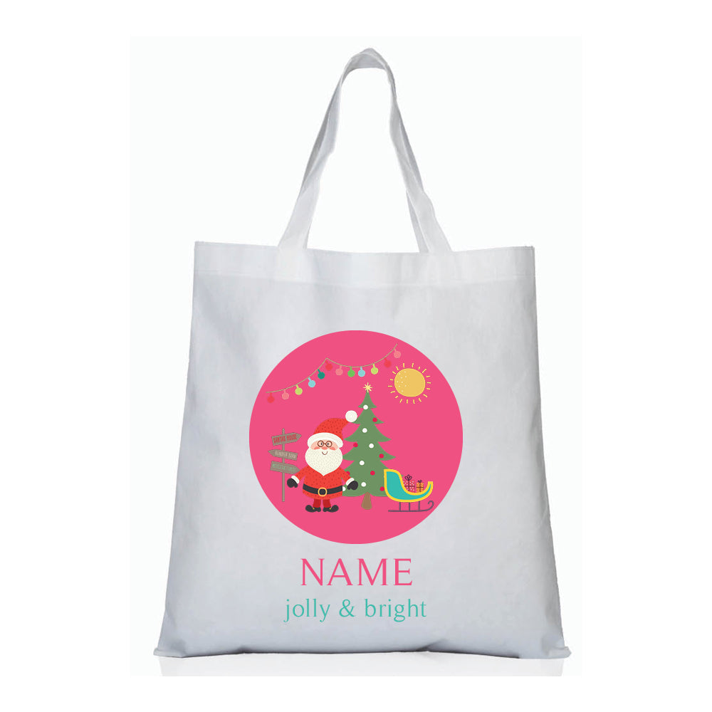 Personalized kids tote bag – Santa's sleigh Christmas pink design | myartworkplate.com