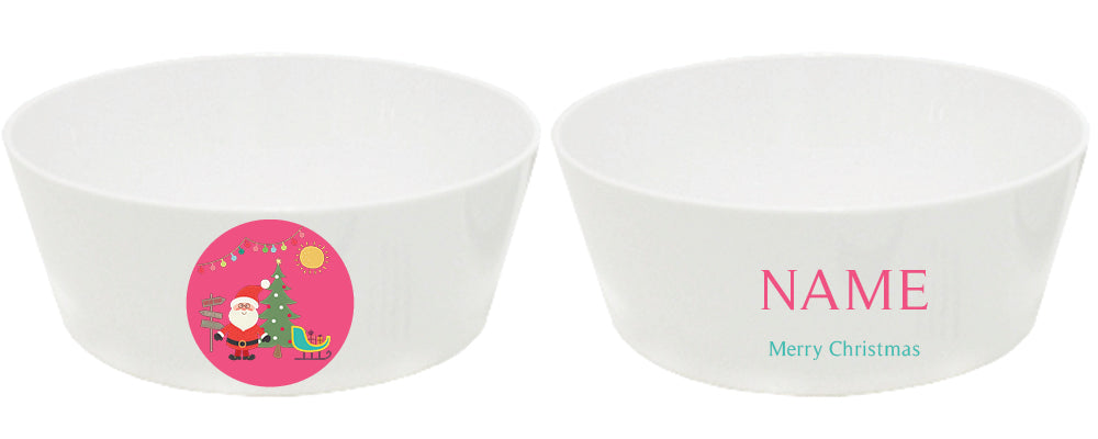 Personalized kids snack bowl – Santa's sleigh Christmas pink design | myartworkplate.com