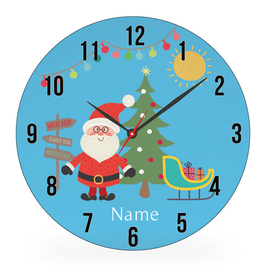 Personalized kids wall clock – Santa's sleigh Christmas blue design | myartworkplate.com