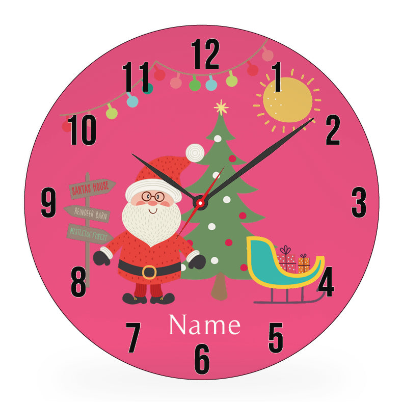 Personalized kids wall clock – Santa's sleigh Christmas pink design | myartworkplate.com