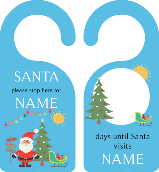 Personalized kids door hanger – Santa's sleigh Christmas blue design | myartworkplate.com