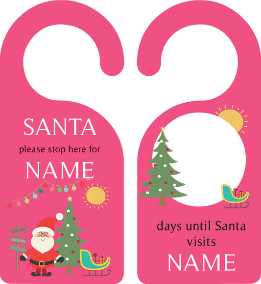 Personalized kids door hanger – Santa's sleigh Christmas pink design | myartworkplate.com