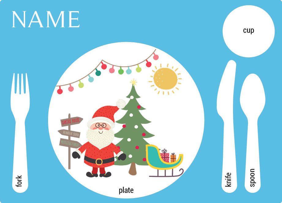 Personalized kids placemat – Santa's sleigh Christmas blue design | myartworkplate.com