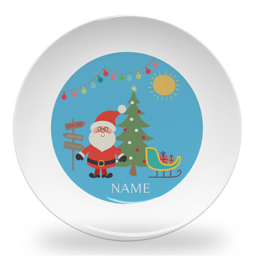 Personalized kids plate – Santa's sleigh Christmas blue design | myartworkplate.com