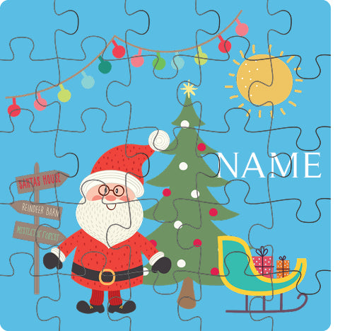 Personalized 25-piece kids jigsaw puzzle – Santa's sleigh Christmas blue design | myartworkplate.com