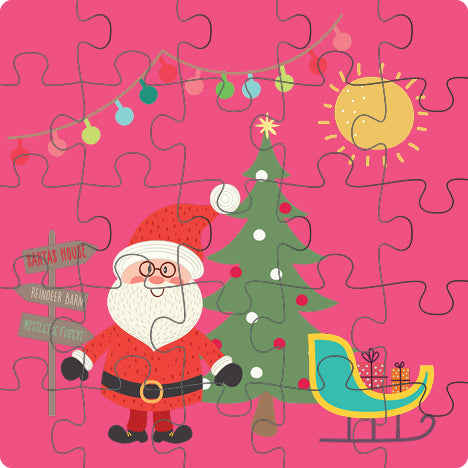 Personalized 25-piece kids jigsaw puzzle – Santa's sleigh Christmas pink design | myartworkplate.com