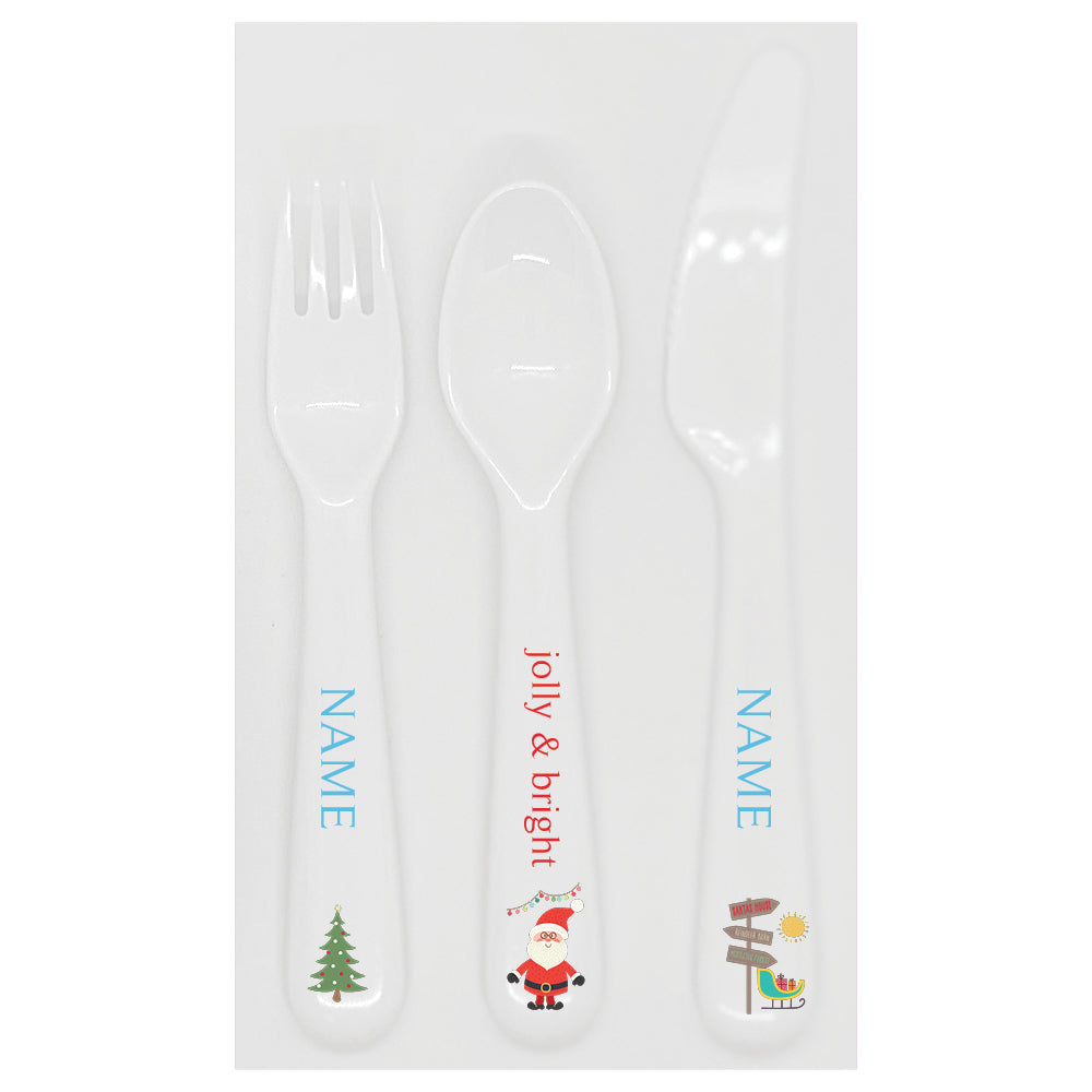 Personalized kids utensil set – Santa's sleigh Christmas blue design | myartworkplate.com