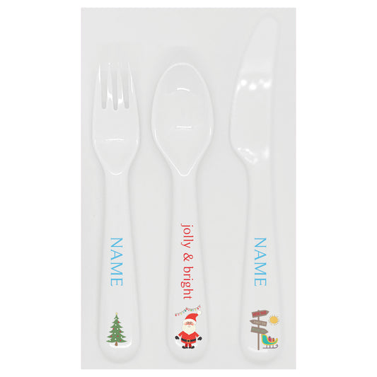 Personalized kids utensil set – Santa's sleigh Christmas blue design | myartworkplate.com