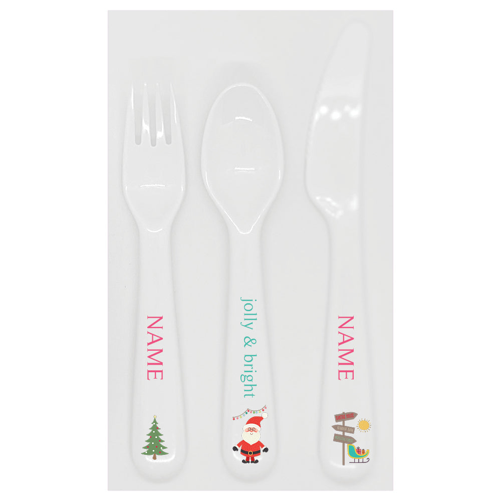 Personalized kids utensil set – Santa's sleigh Christmas pink design | myartworkplate.com