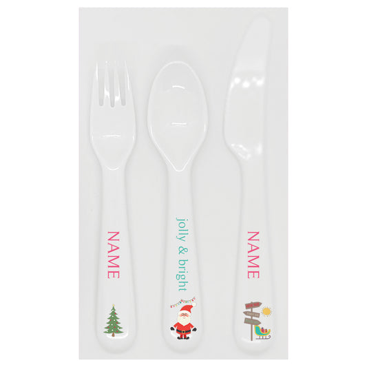 Personalized kids utensil set – Santa's sleigh Christmas pink design | myartworkplate.com
