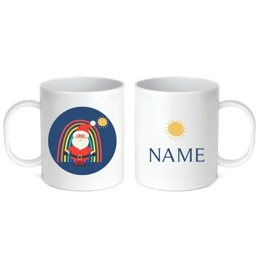 Personalized 11oz kids mug – rainbow Santa Christmas blue design | myartworkplate.com