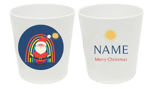 Personalized 8oz kids cup – rainbow Santa Christmas blue design | myartworkplate.com