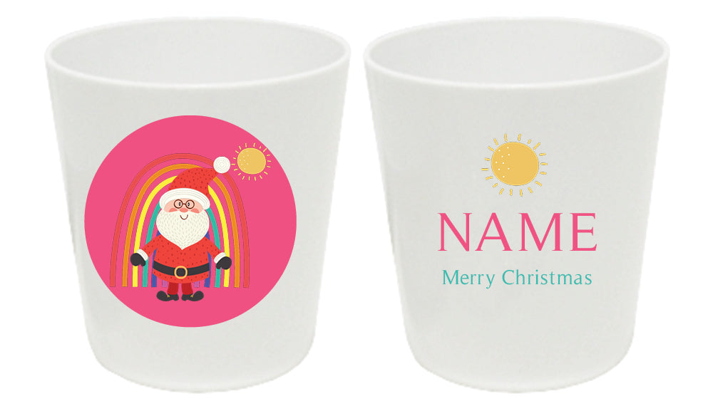 Personalized 8oz kids cup – rainbow Santa Christmas pink design | myartworkplate.com