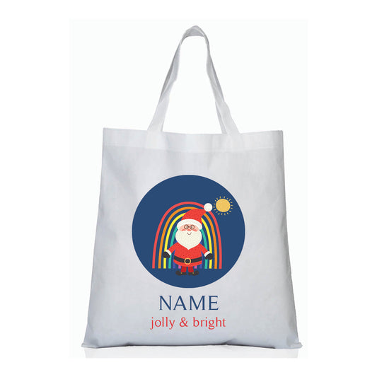 Personalized kids tote bag – rainbow Santa Christmas blue design | myartworkplate.com