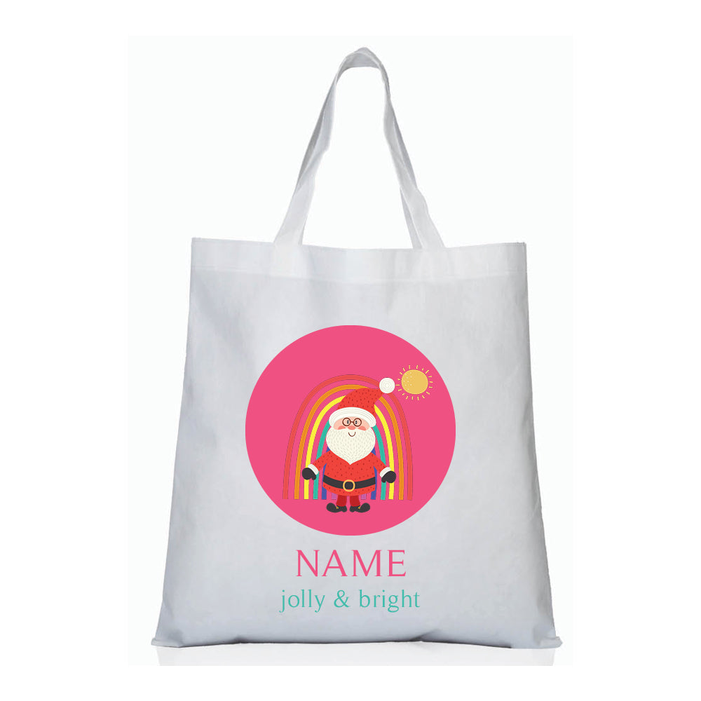 Personalized kids tote bag – rainbow Santa Christmas pink design | myartworkplate.com