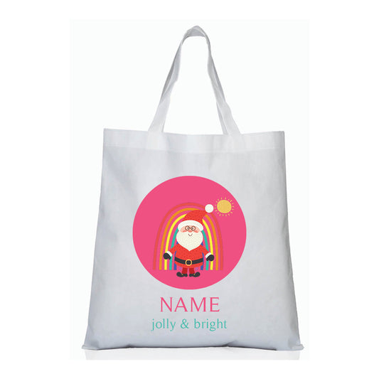 Personalized kids tote bag – rainbow Santa Christmas pink design | myartworkplate.com