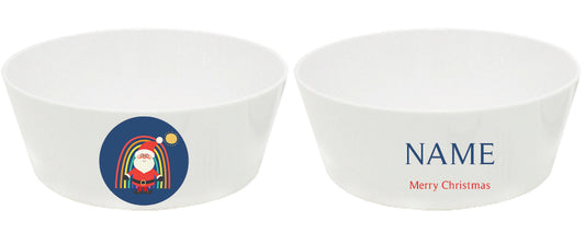 Personalized kids snack bowl – rainbow Santa Christmas blue design | myartworkplate.com