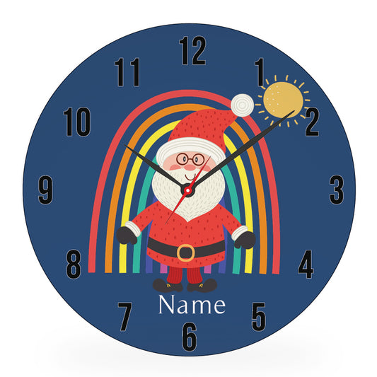 Personalized kids wall clock – rainbow Santa Christmas blue design | myartworkplate.com